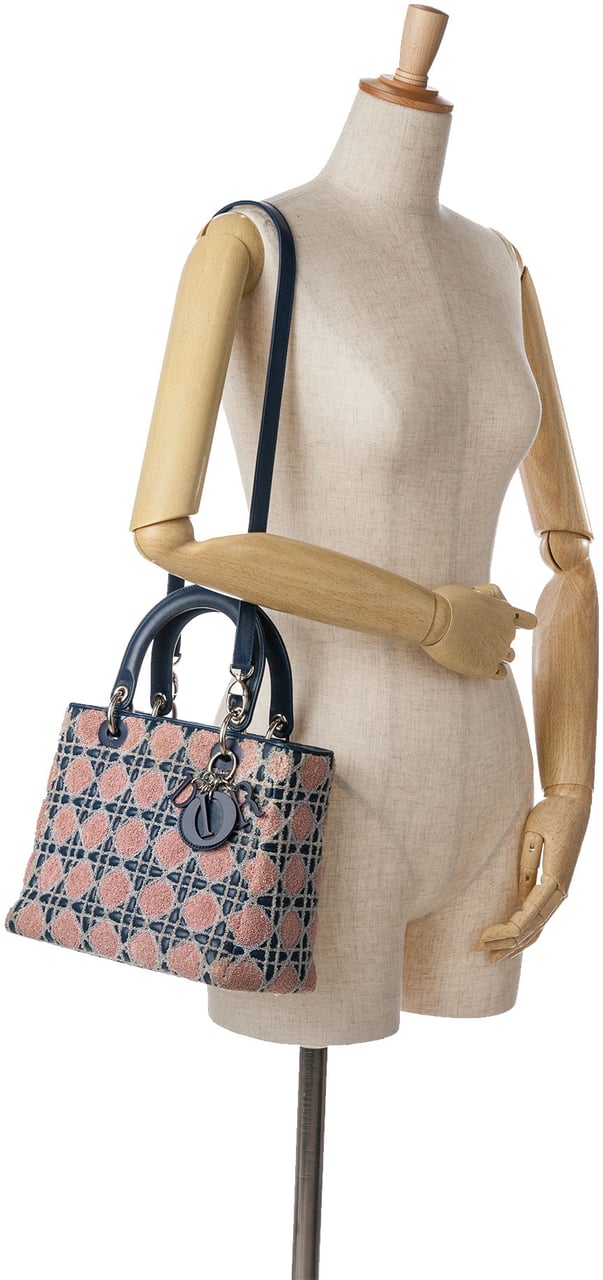 Dior Medium Lambskin And Tweed Cannage Lady Dior Blauw