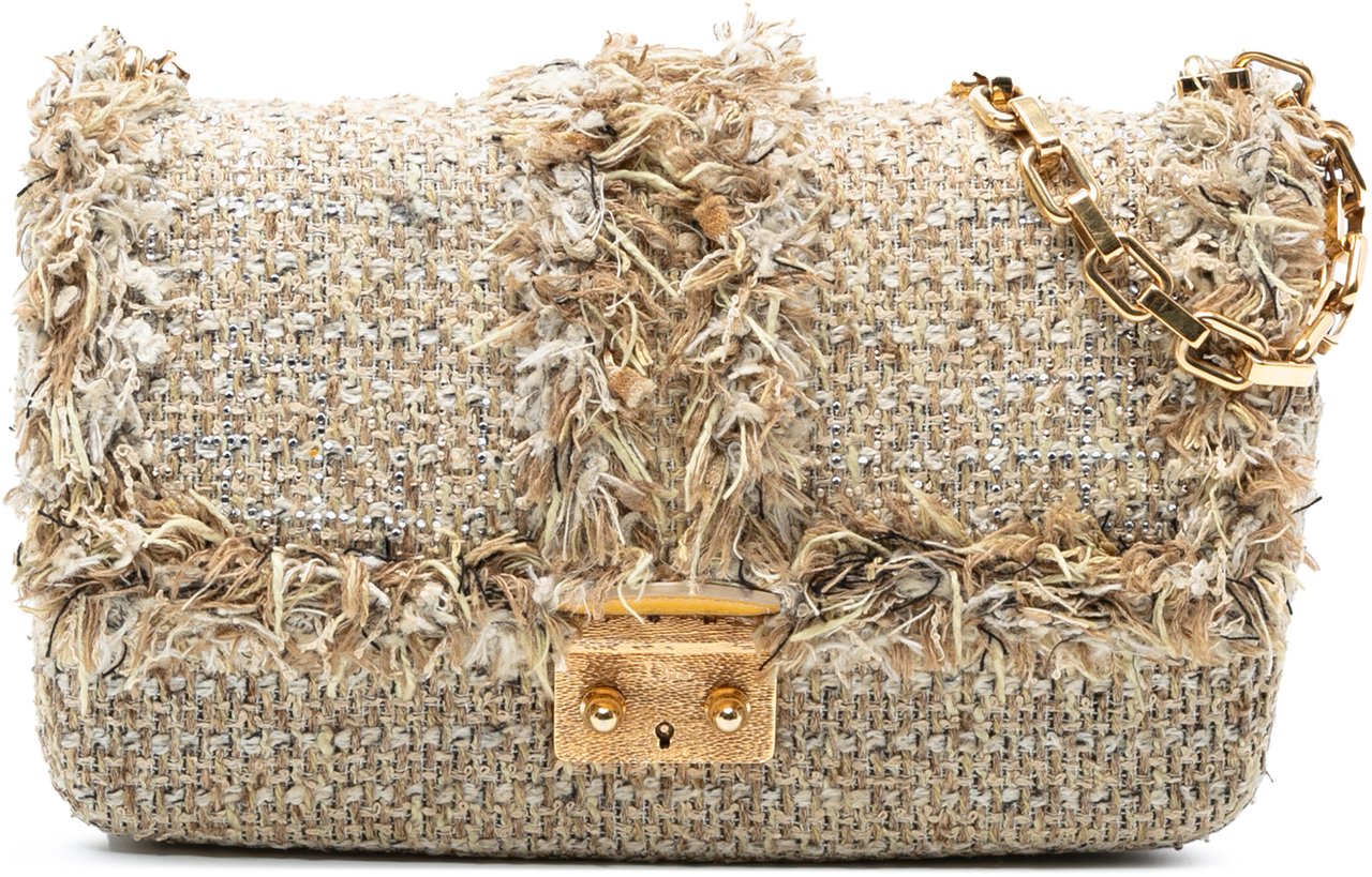 Dior New Rock Tweed and Rhinestones Chain Shoulder Bag Bruin