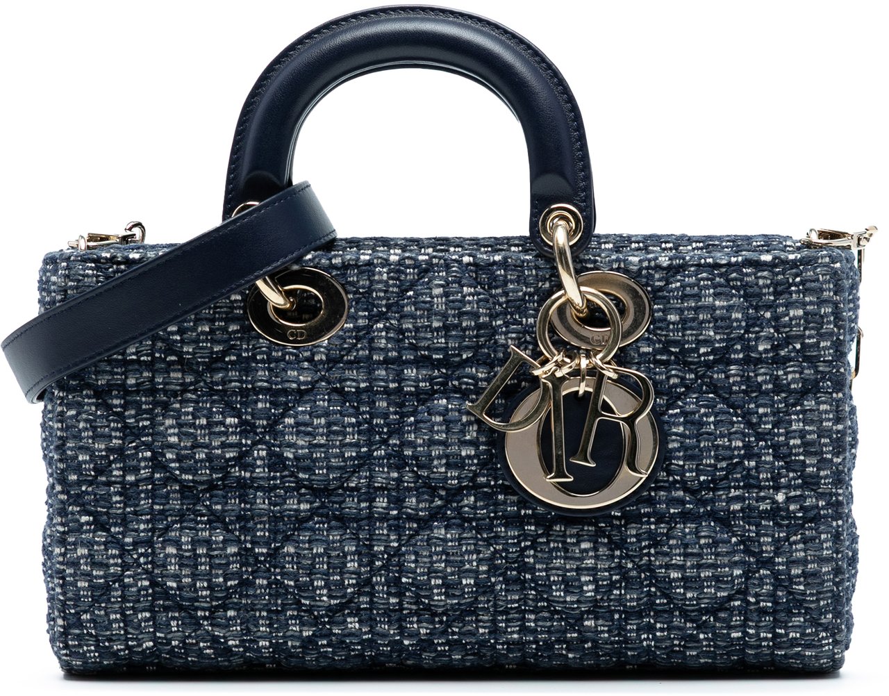 Dior Medium Tweed Cannage Lady D Joy Blauw