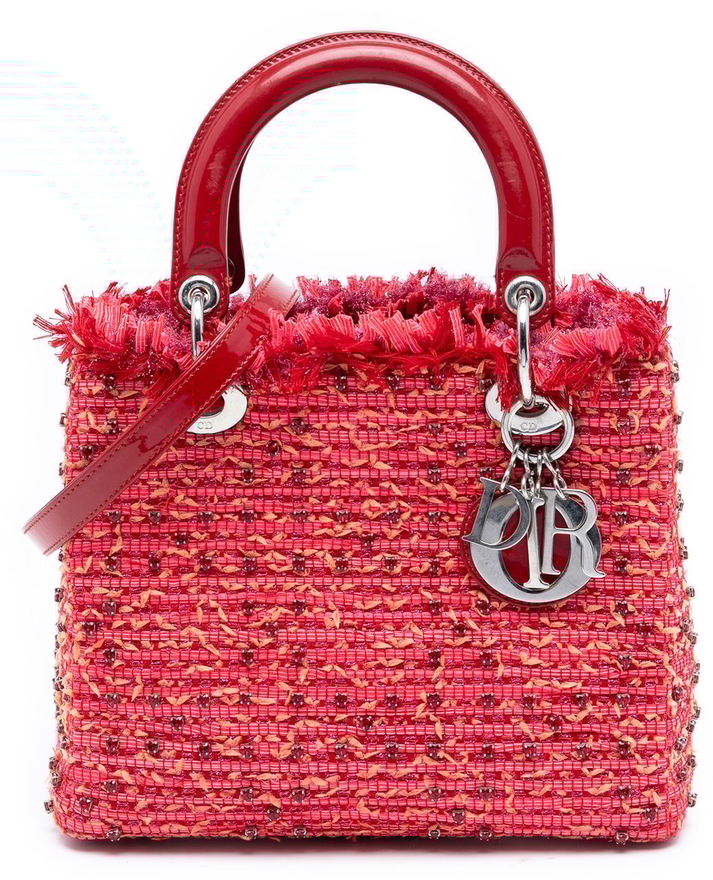 Dior Medium Tweed Fringe Rhinestone Lady Dior Rood