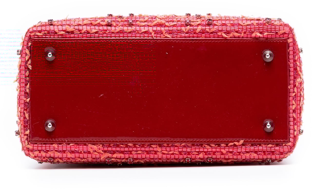 Dior Medium Tweed Fringe Rhinestone Lady Dior Rood