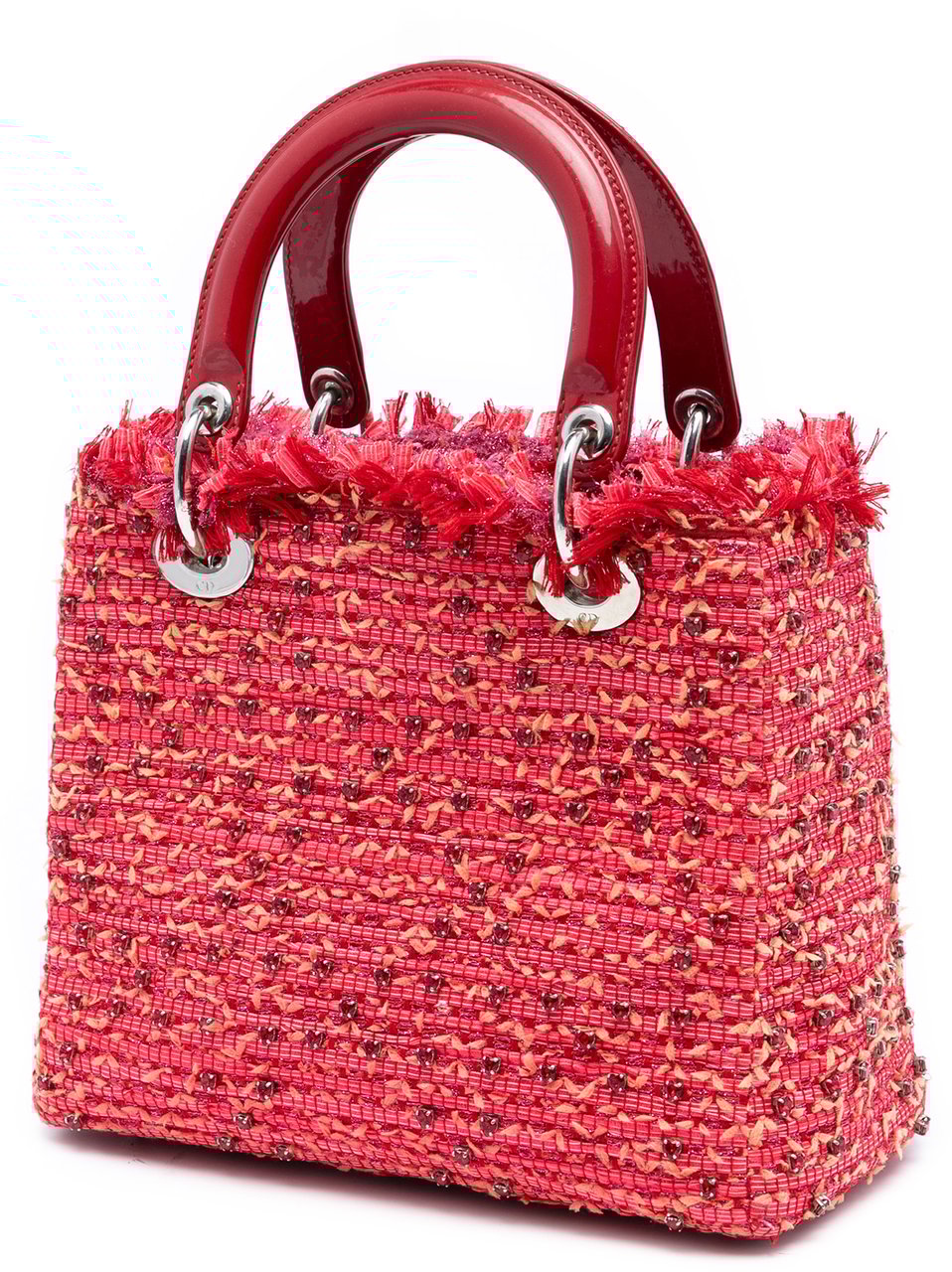 Dior Medium Tweed Fringe Rhinestone Lady Dior Rood