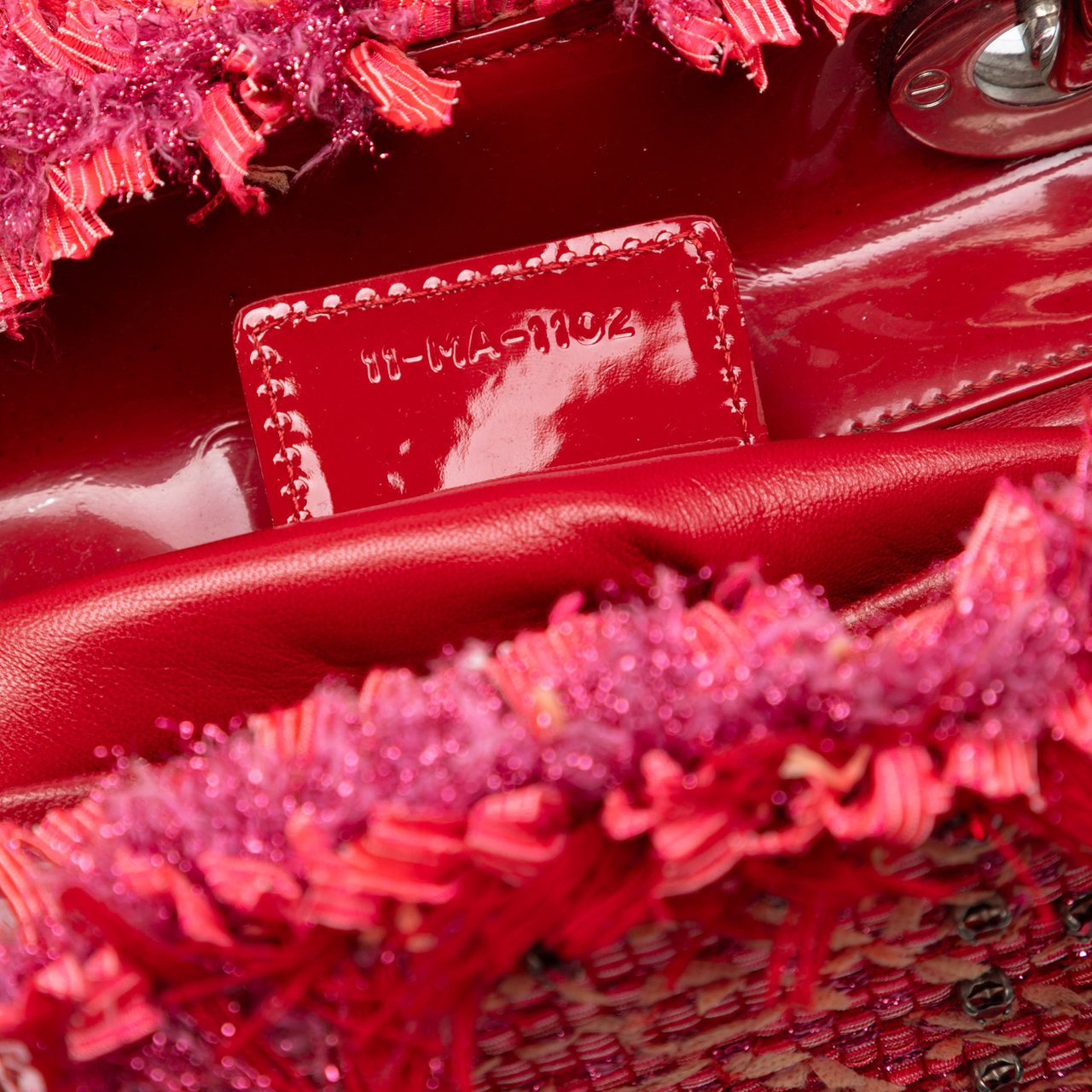 Dior Medium Tweed Fringe Rhinestone Lady Dior Rood