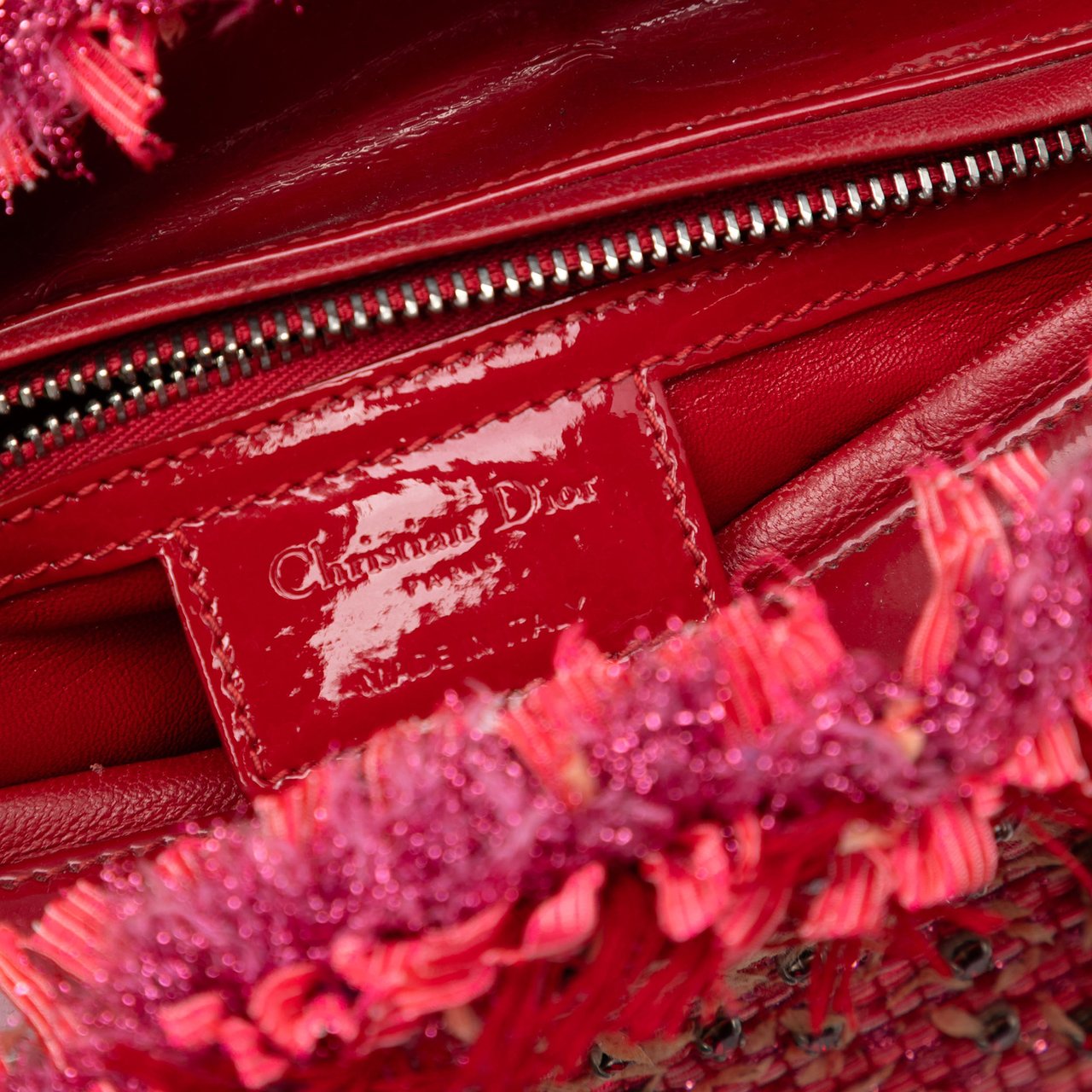 Dior Medium Tweed Fringe Rhinestone Lady Dior Rood