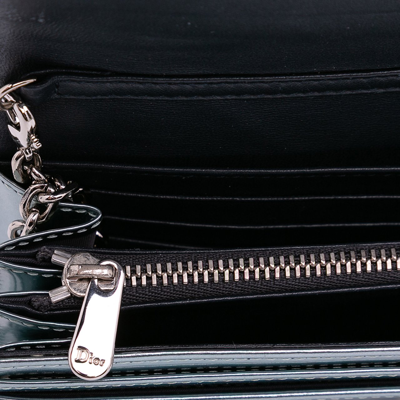 Dior Metallic Patent Microcannage Diorama Wallet on Chain Blauw