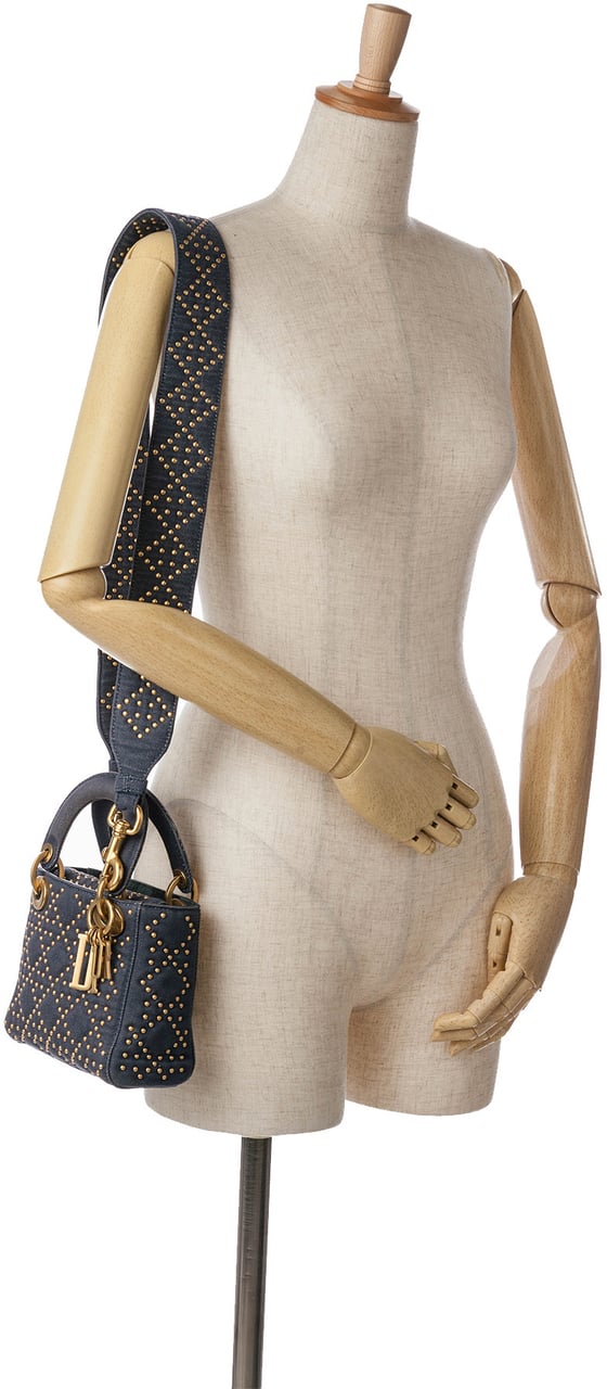 Dior Mini Denim Cannage Studded Supple Lady Dior Blauw