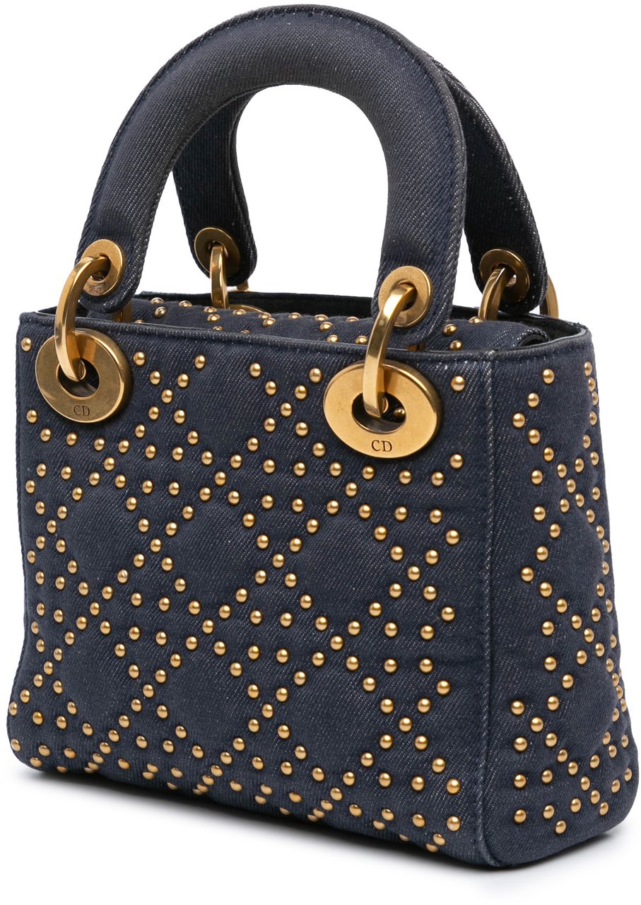 Dior Mini Denim Cannage Studded Supple Lady Dior Blauw