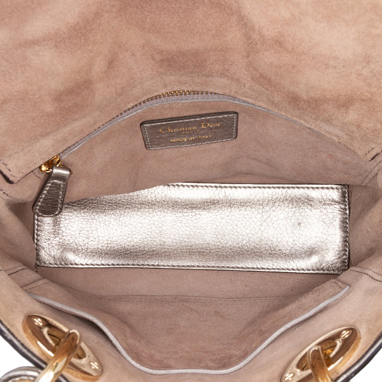 Dior Small Metallic Grained Calfskin Cannage Supple Lady Dior Zilver