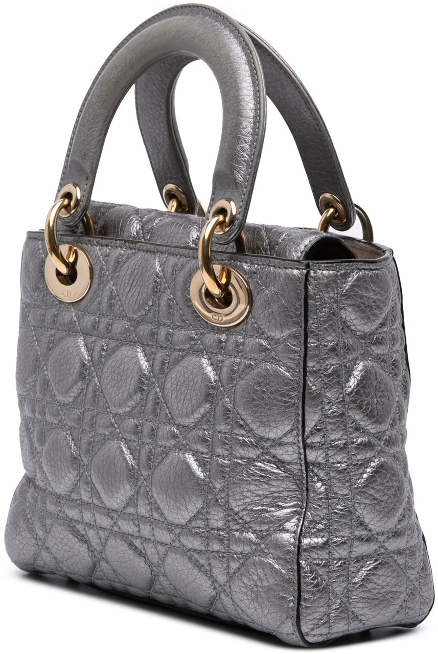 Dior Small Metallic Grained Calfskin Cannage Supple Lady Dior Zilver