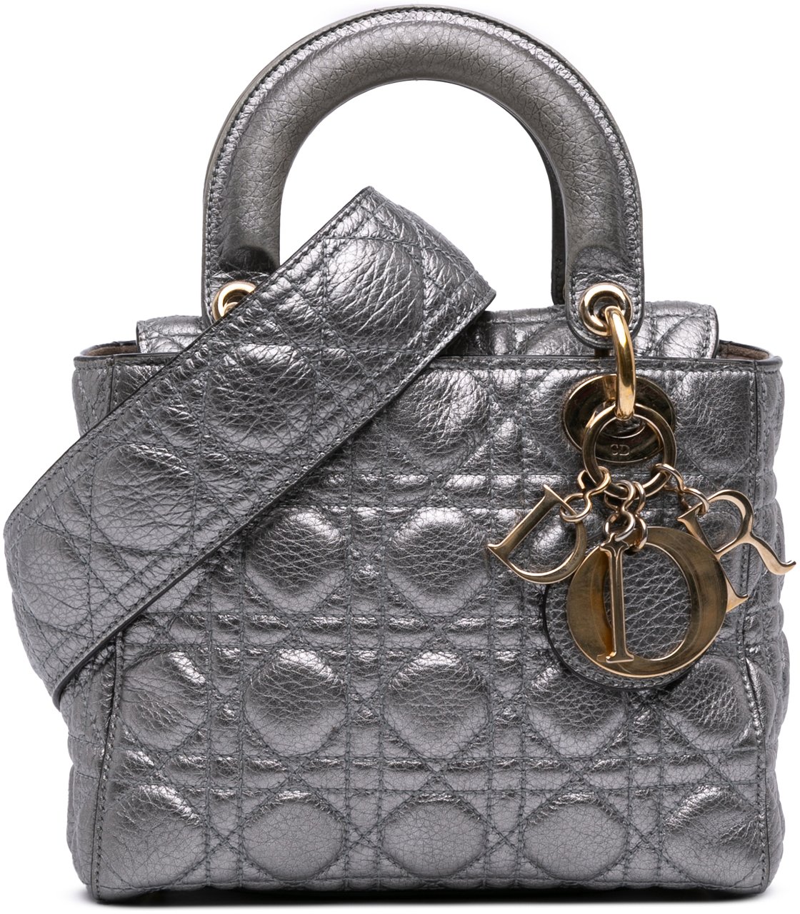 Dior Small Metallic Grained Calfskin Cannage Supple Lady Dior Zilver
