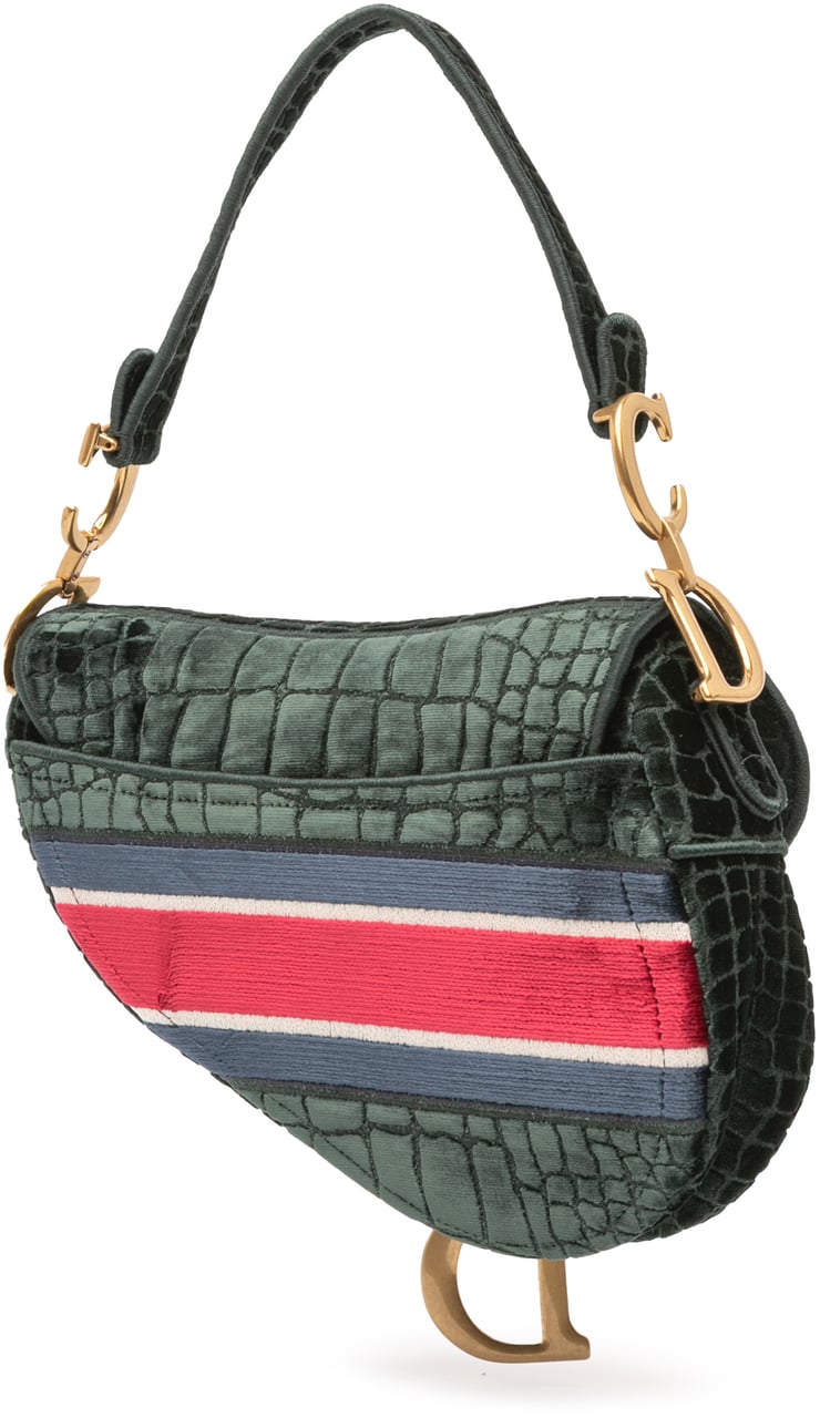 Dior Velvet Embroidered Crocodile Effect Saddle Bag Groen