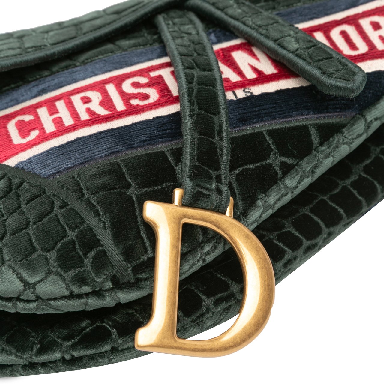 Dior Velvet Embroidered Crocodile Effect Saddle Bag Groen