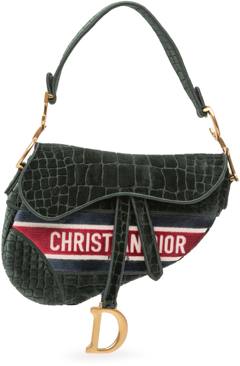 Dior Velvet Embroidered Crocodile Effect Saddle Bag Groen