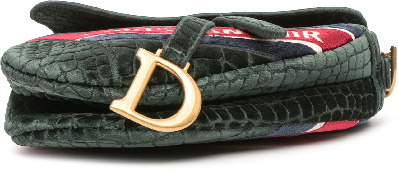 Dior Velvet Embroidered Crocodile Effect Saddle Bag Groen
