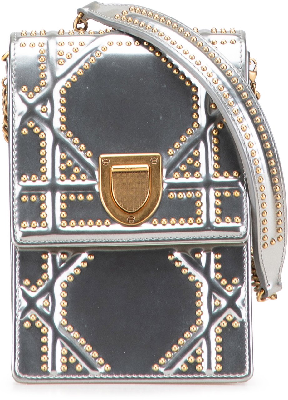Dior Metallic Studded Calfskin Vertical Diorama Zilver