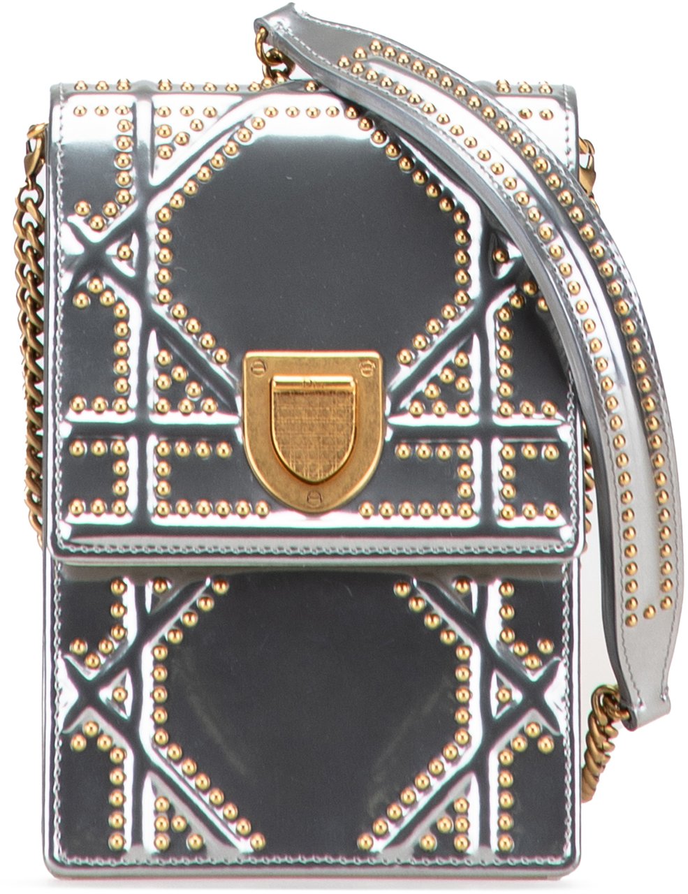 Dior Metallic Studded Calfskin Vertical Diorama Zilver