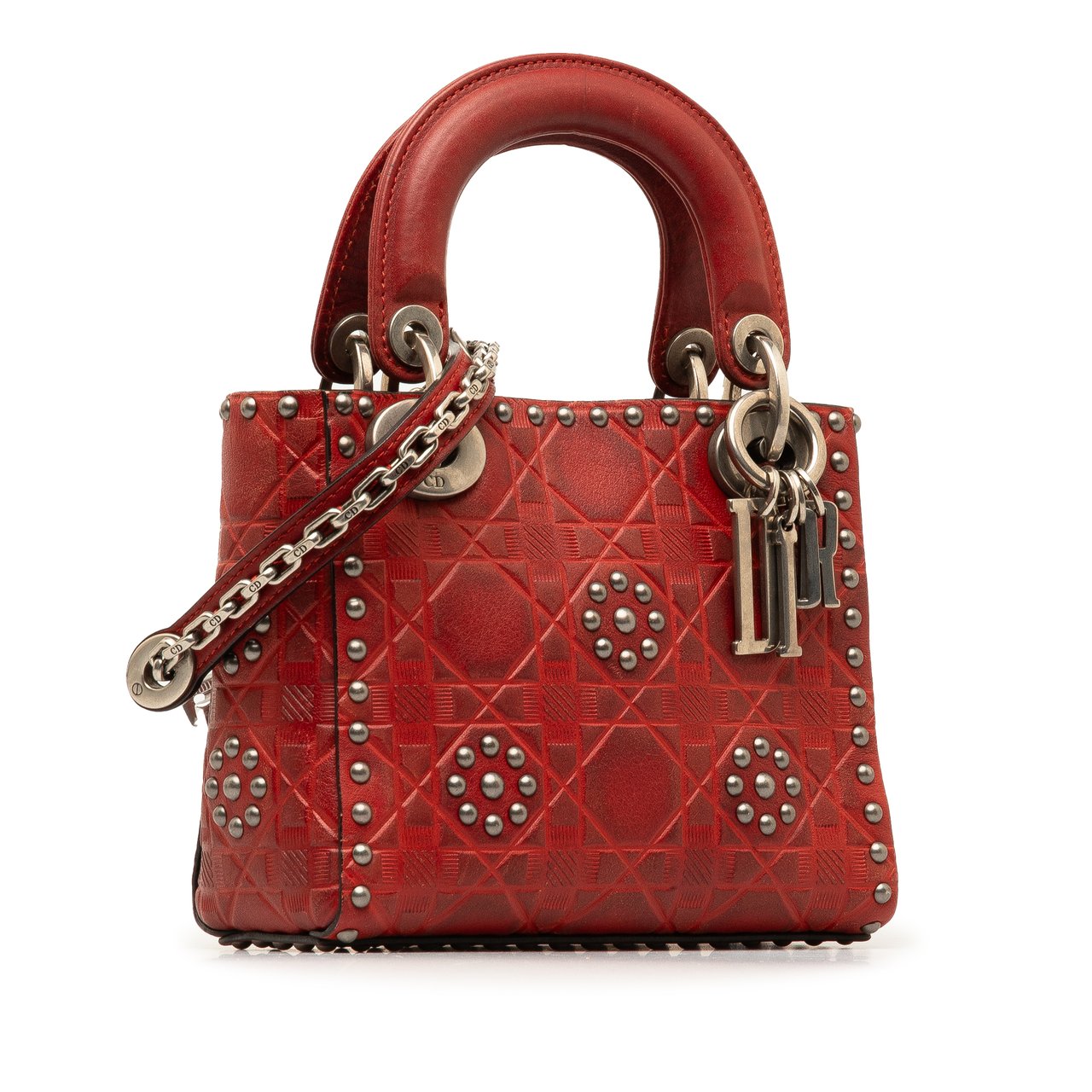 Dior Mini Embossed Calfskin Cannage Studded Flower Lady Dior Rood