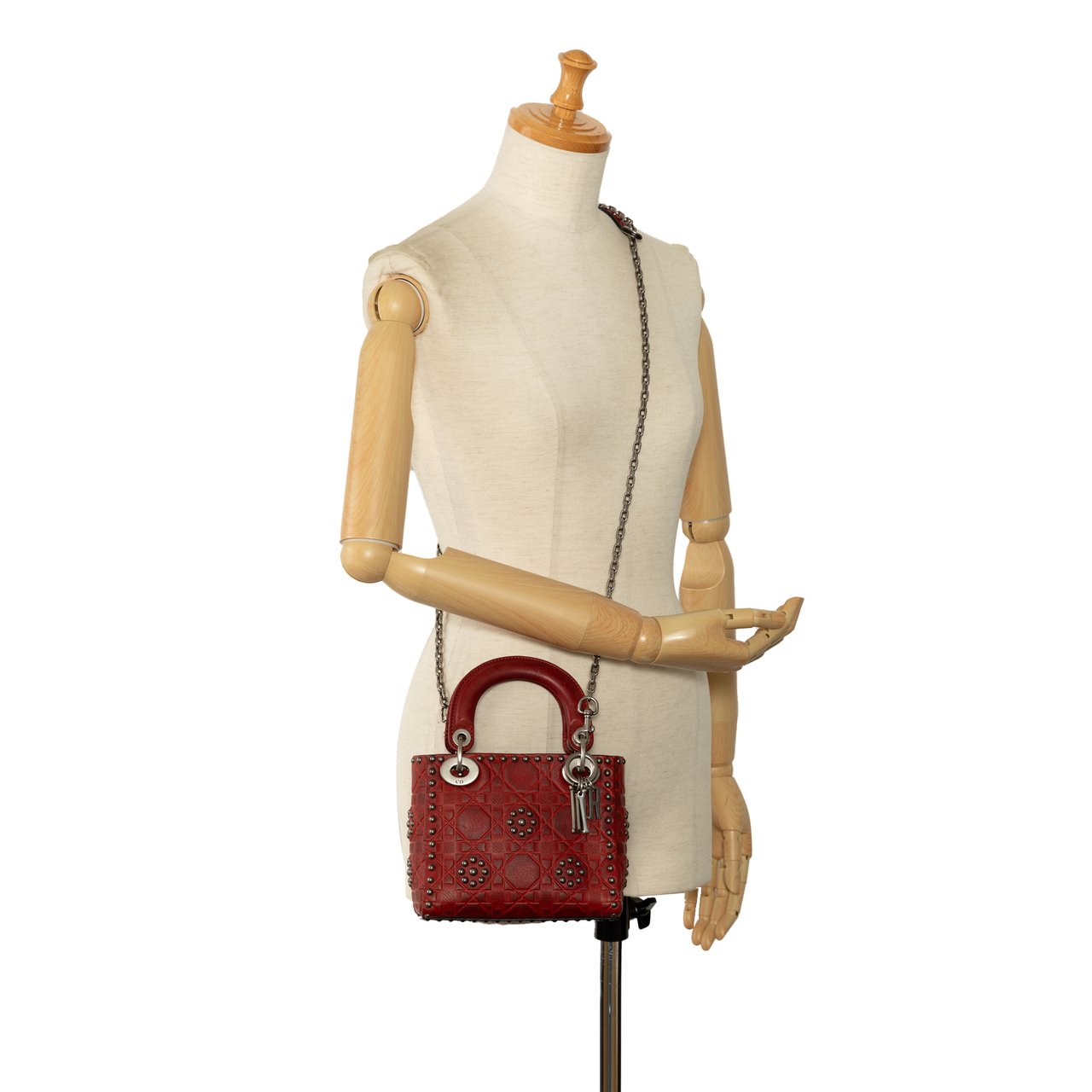 Dior Mini Embossed Calfskin Cannage Studded Flower Lady Dior Rood