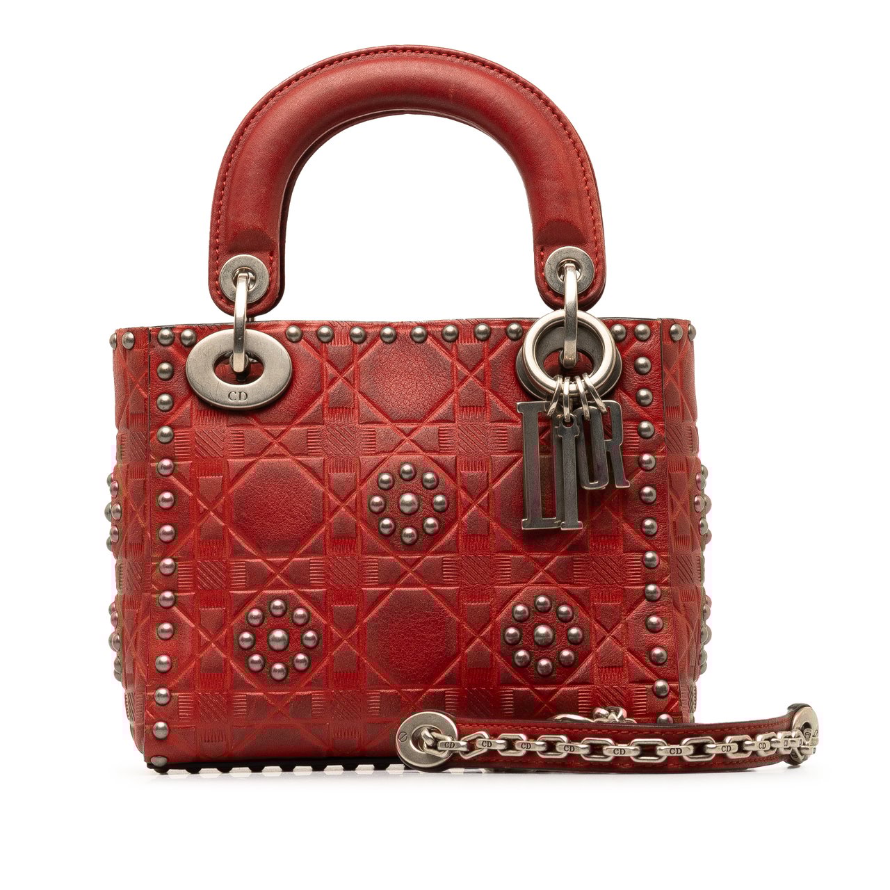 Dior Mini Embossed Calfskin Cannage Studded Flower Lady Dior Rood