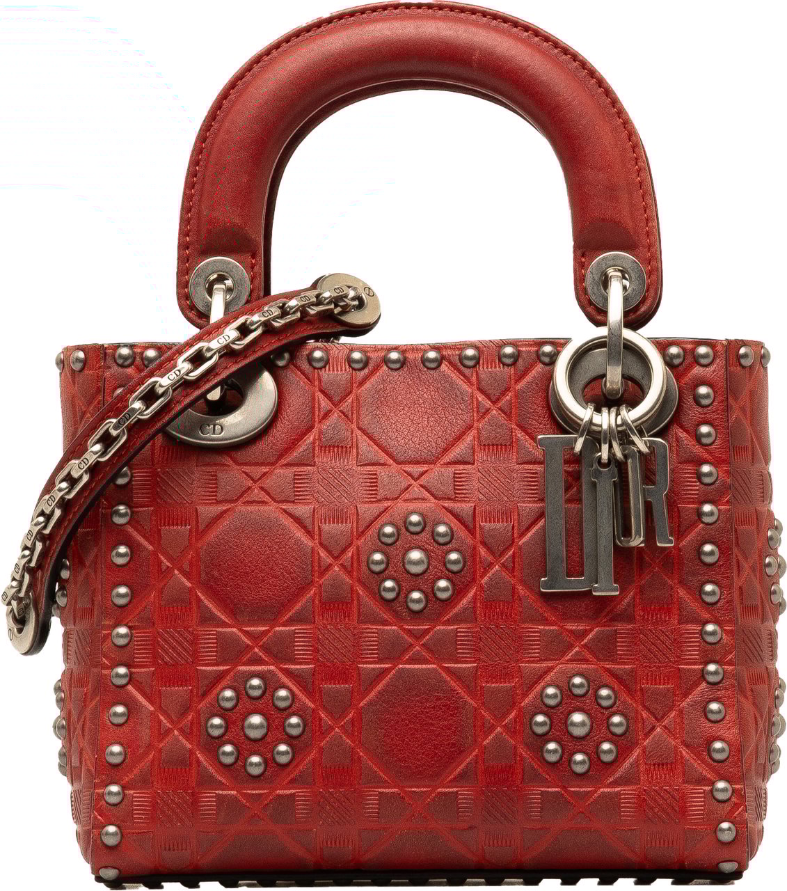 Dior Mini Embossed Calfskin Cannage Studded Flower Lady Dior Rood