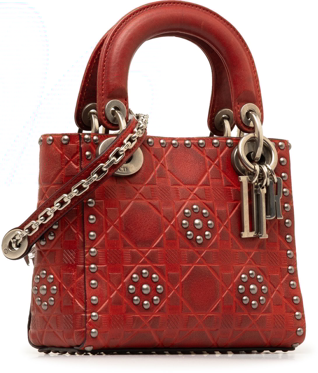 Dior Mini Embossed Calfskin Cannage Studded Flower Lady Dior Rood