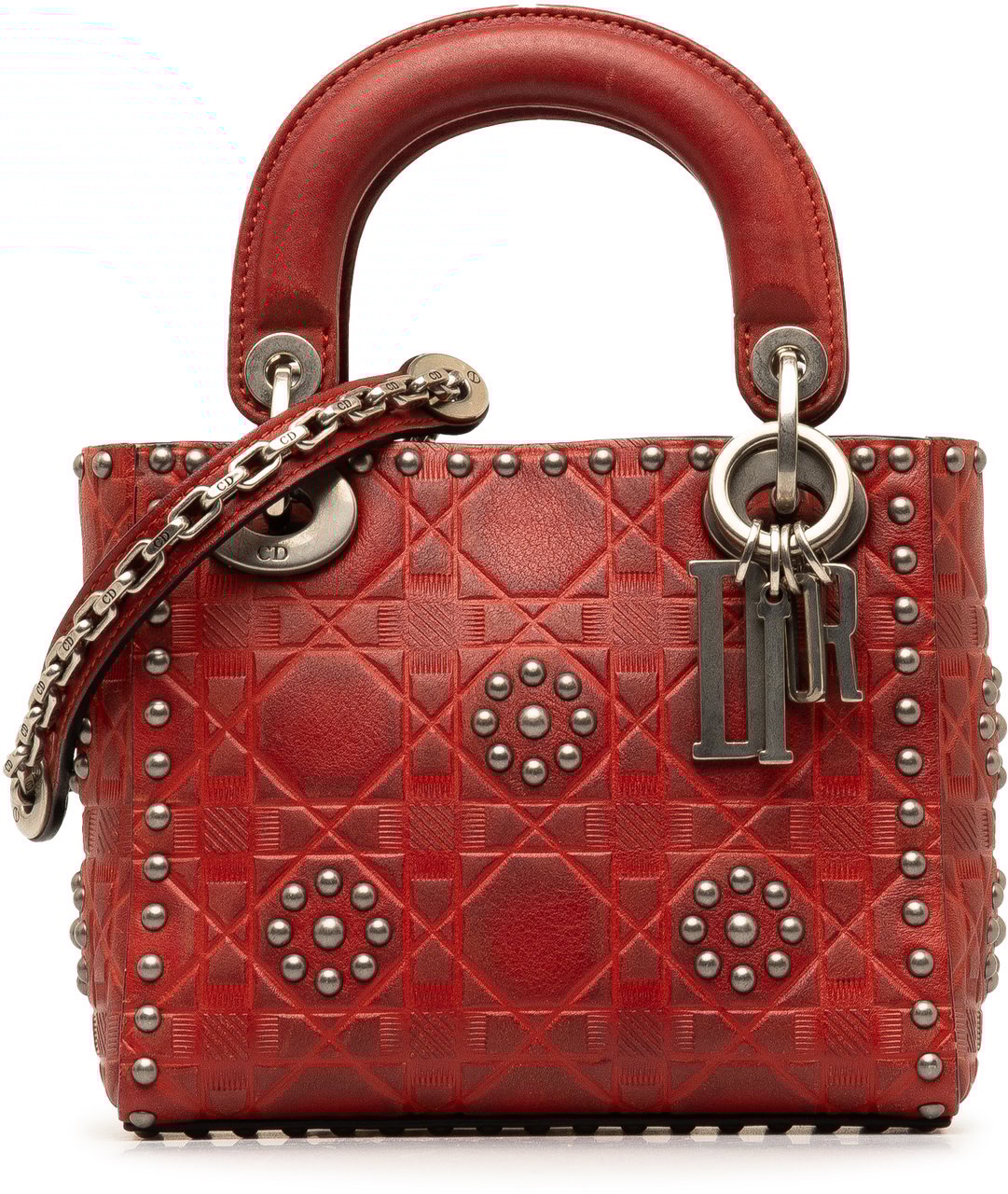 Dior Mini Embossed Calfskin Cannage Studded Flower Lady Dior Rood