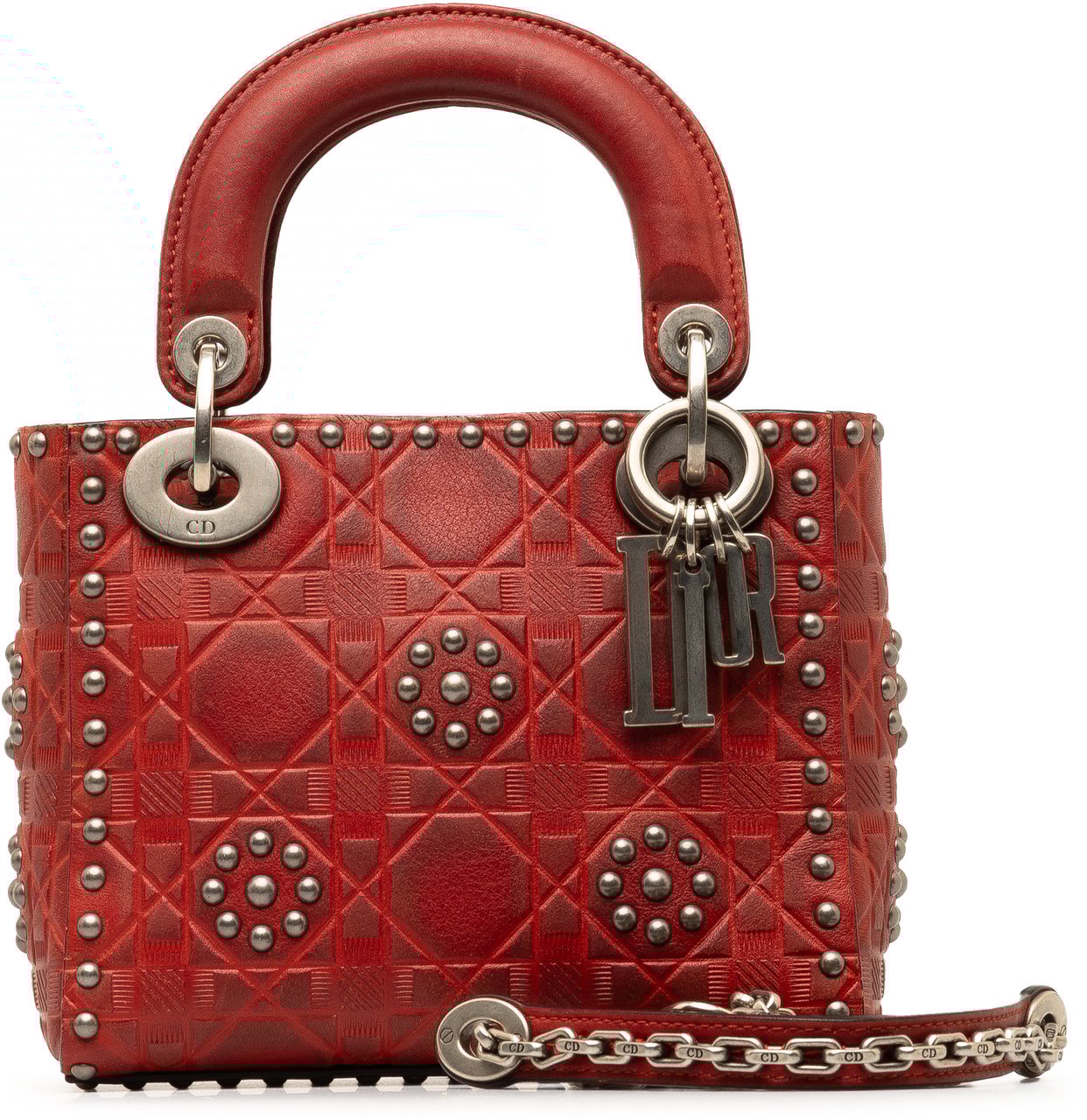 Dior Mini Embossed Calfskin Cannage Studded Flower Lady Dior Rood