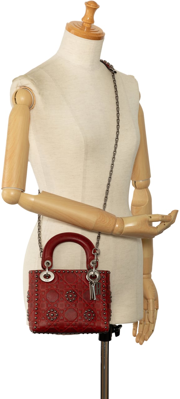 Dior Mini Embossed Calfskin Cannage Studded Flower Lady Dior Rood