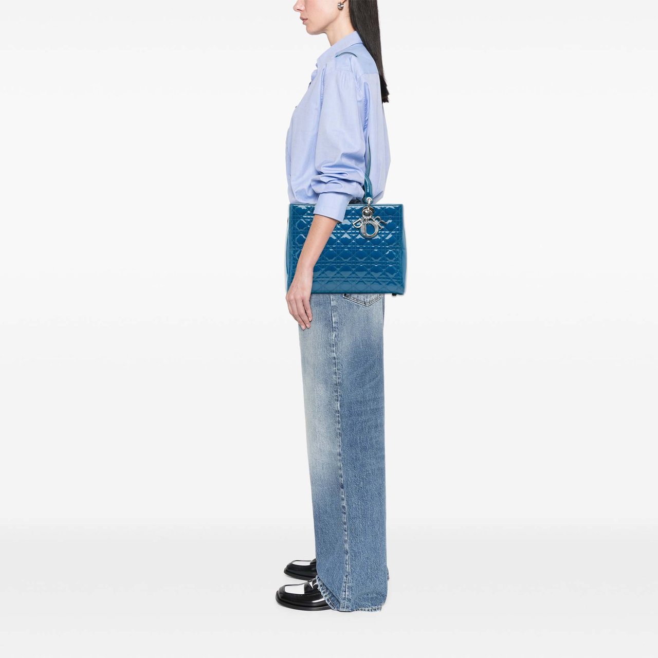 Dior Large Patent Cannage Lady Dior Blauw