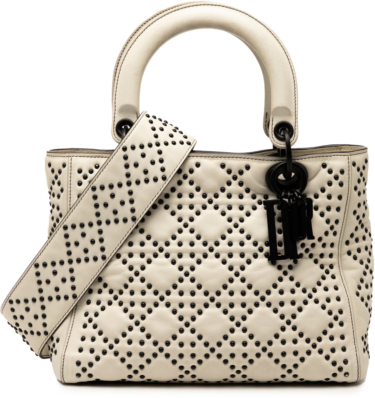 Dior Medium Lambskin Cannage Studded Supple Lady Dior Wit