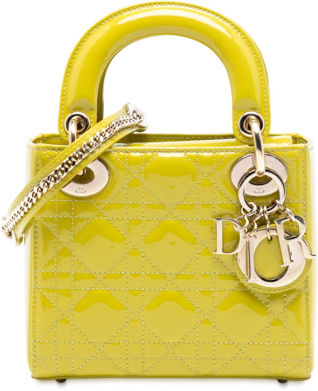 Dior Mini Patent Cannage Lady Dior Geel