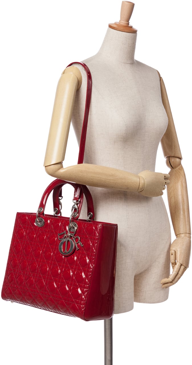 Dior Large Patent Cannage Lady Dior Rood