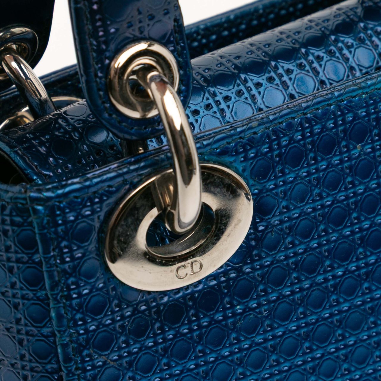Dior Mini Metallic Patent Microcannage Lady Dior Blauw