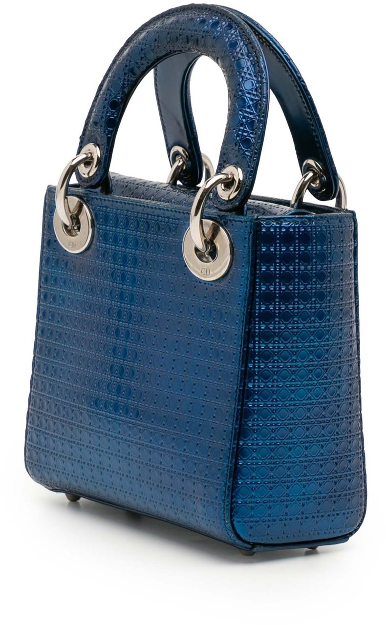 Dior Mini Metallic Patent Microcannage Lady Dior Blauw