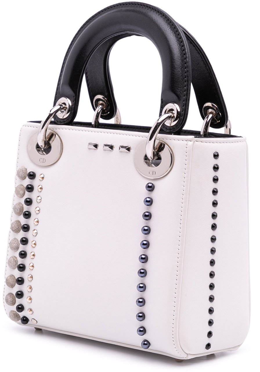 Dior Mini Studded Lambskin Crystal Pearl Lady Dior Wit