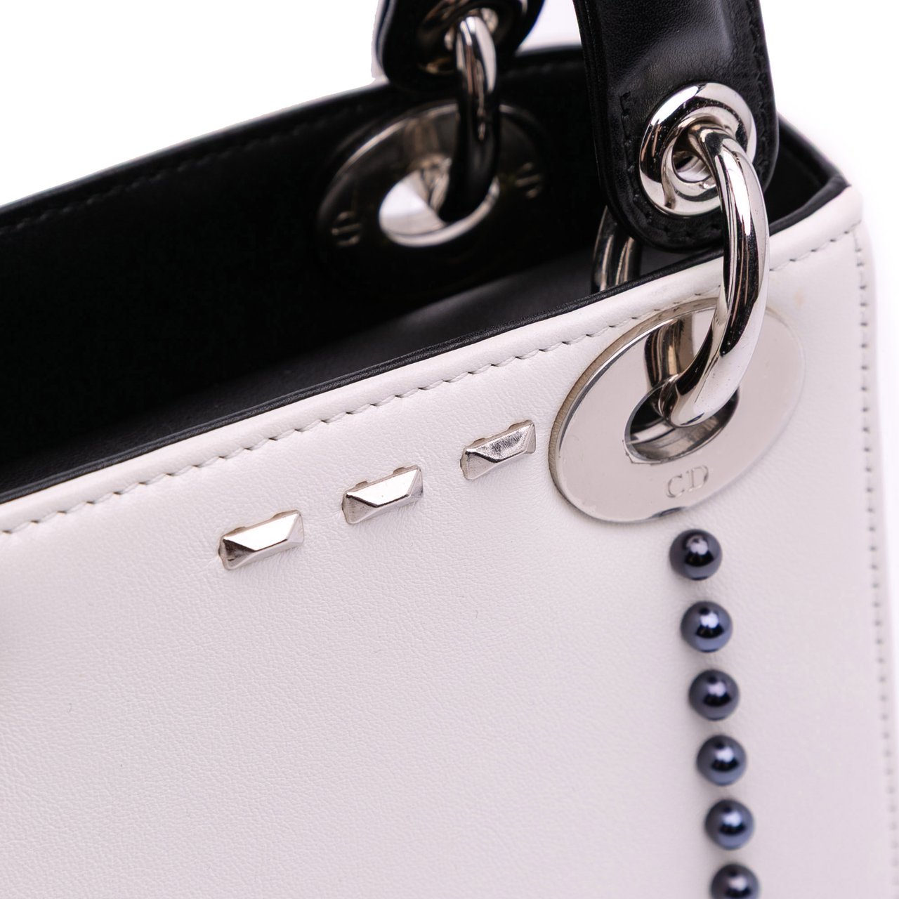 Dior Mini Studded Lambskin Crystal Pearl Lady Dior Wit