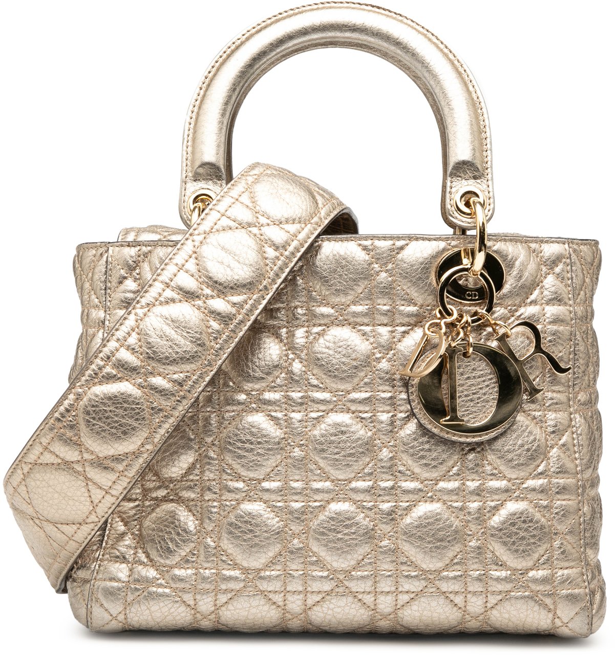 Dior Medium Metallic Grained Calfskin Cannage Supple Lady Dior Goud