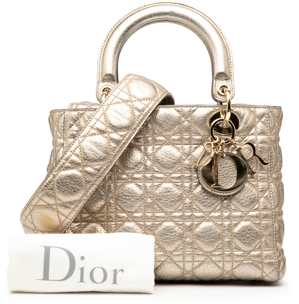 Dior Medium Metallic Grained Calfskin Cannage Supple Lady Dior Goud