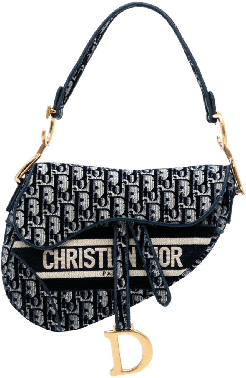 Dior Oblique Embroidered Velvet Saddle Bag Blauw
