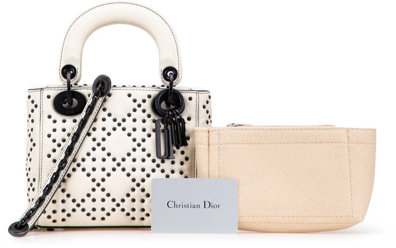 Dior Mini Ultra Matte Calfskin Cannage Studded Supple Lady Dior Wit