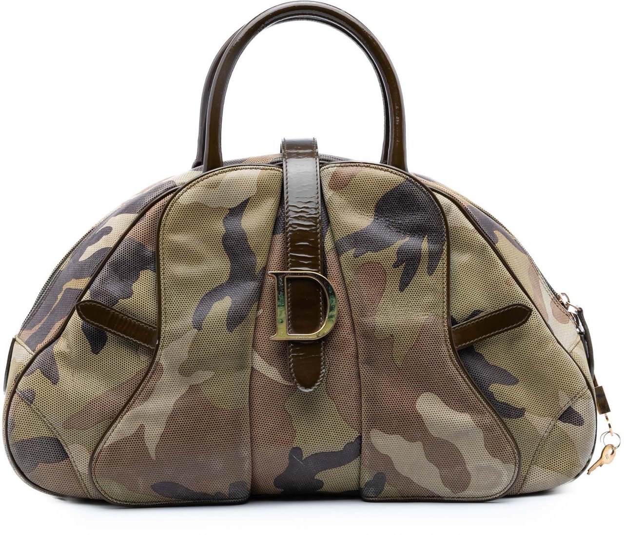 Dior Camouflage Coated Canvas Double Saddle Bowler Bag Groen