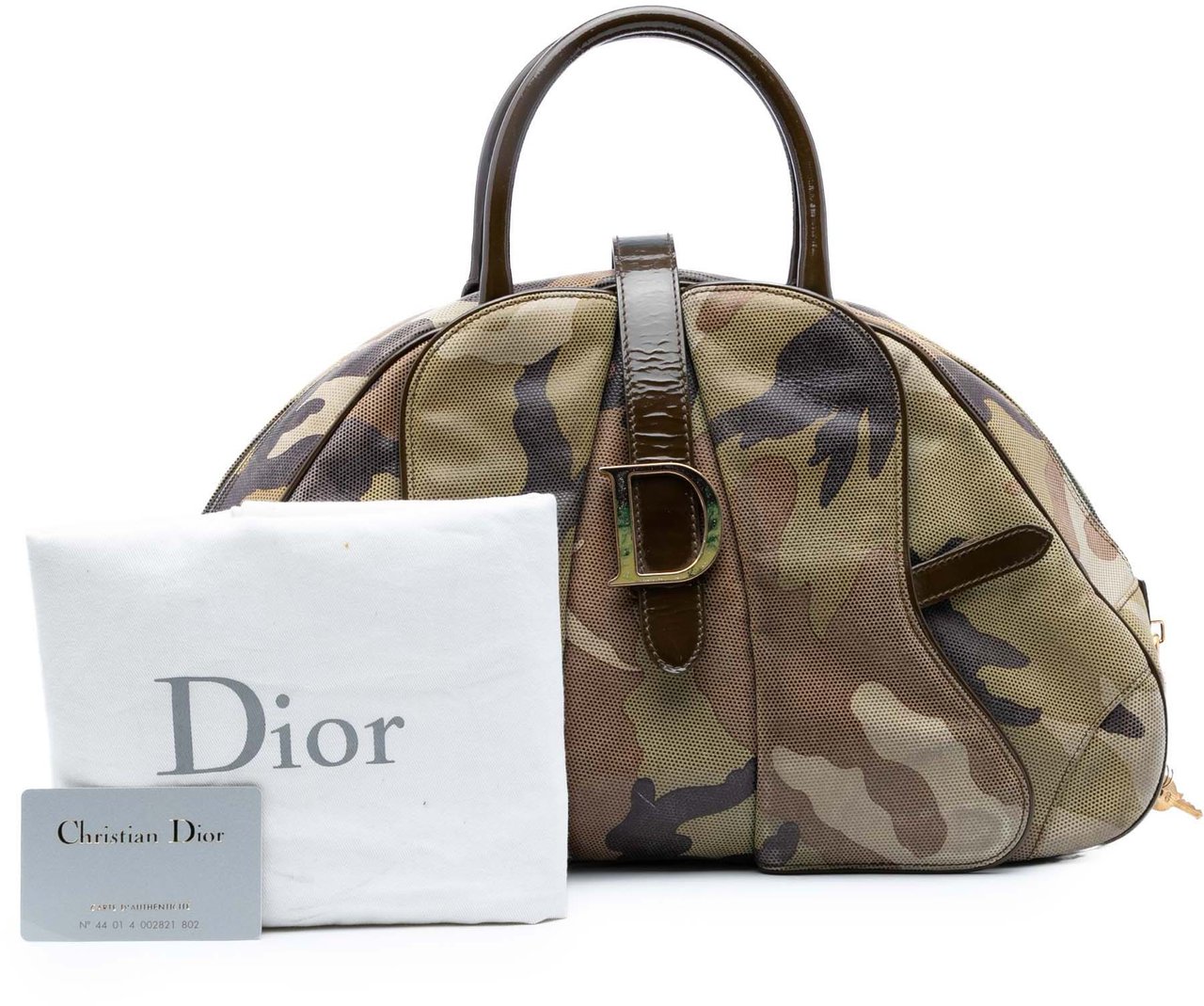 Dior Camouflage Coated Canvas Double Saddle Bowler Bag Groen