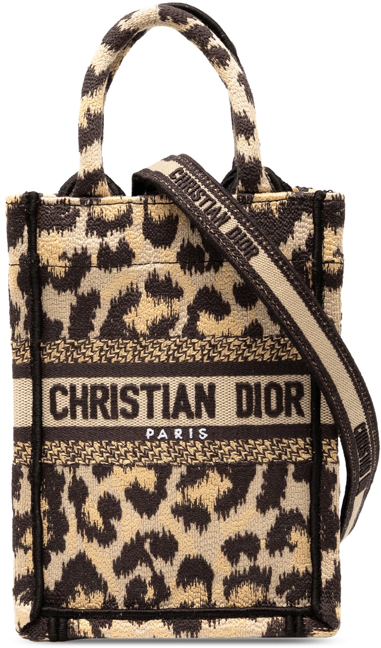 Dior Mizza Mini Embroidered Canvas Leopard Vertical Book Tote Bruin