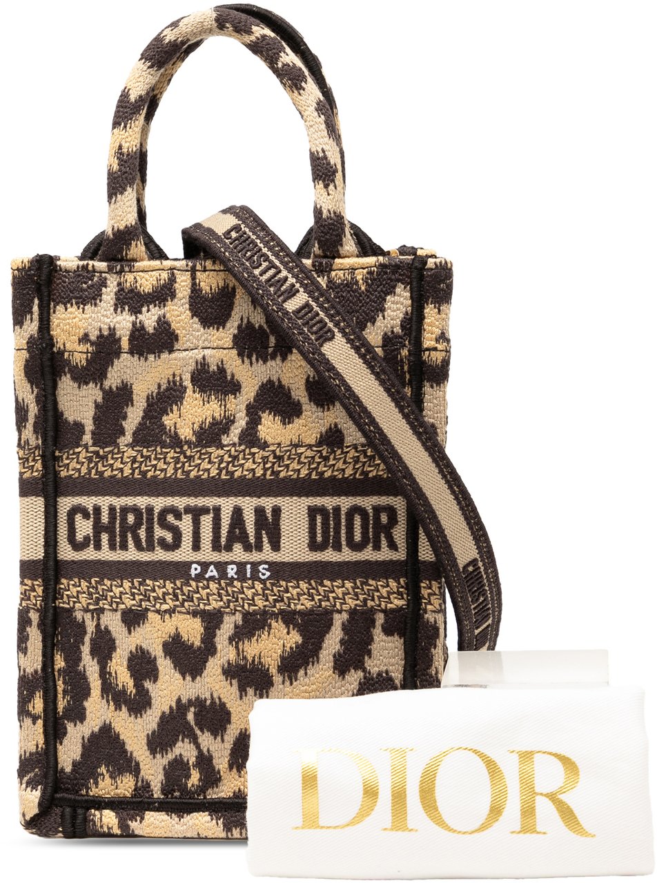 Dior Mizza Mini Embroidered Canvas Leopard Vertical Book Tote Bruin