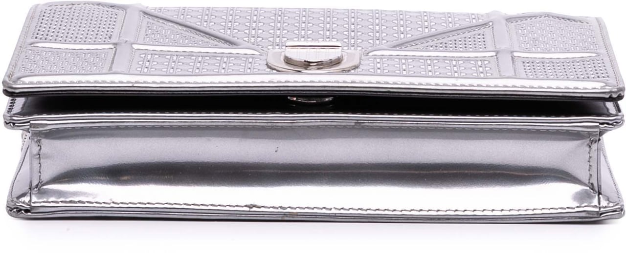 Dior Metallic Patent Microcannage Diorama Wallet on Chain Zilver