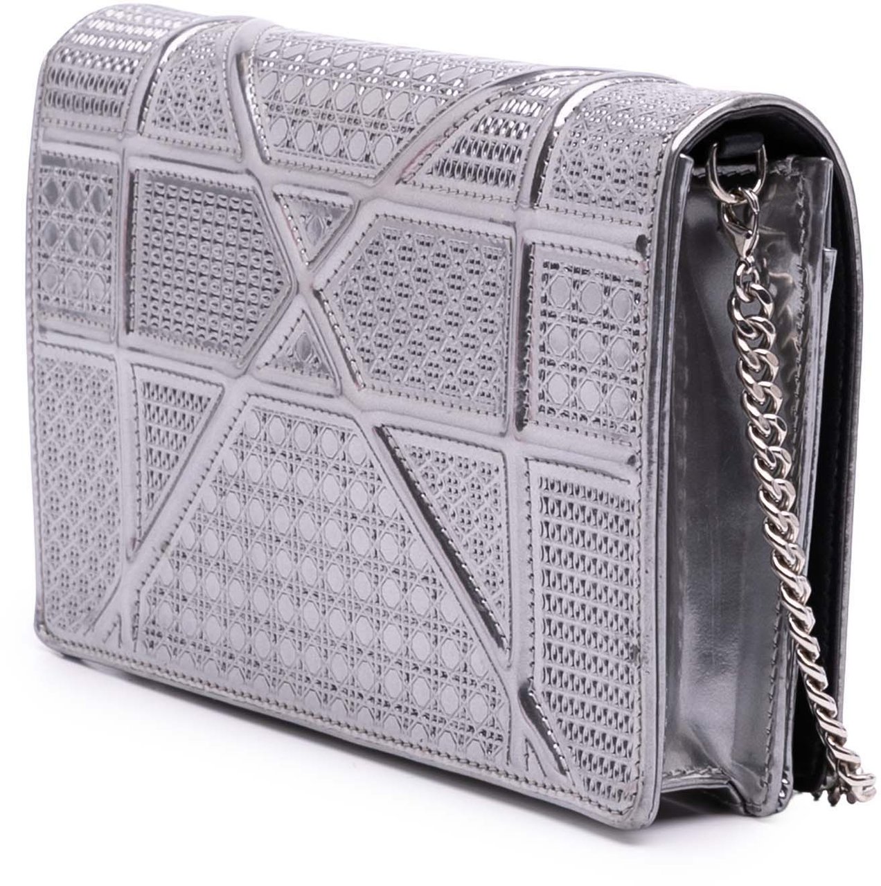 Dior Metallic Patent Microcannage Diorama Wallet on Chain Zilver