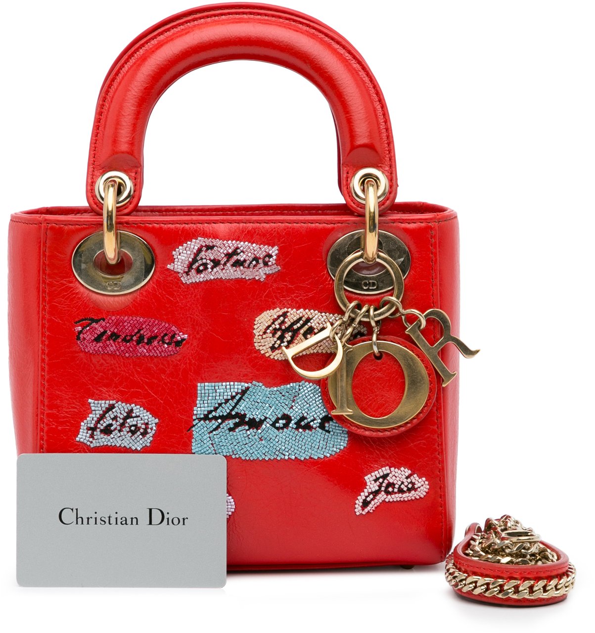 Dior Mini Calfskin Sequin Embellished Lady Dior Rood