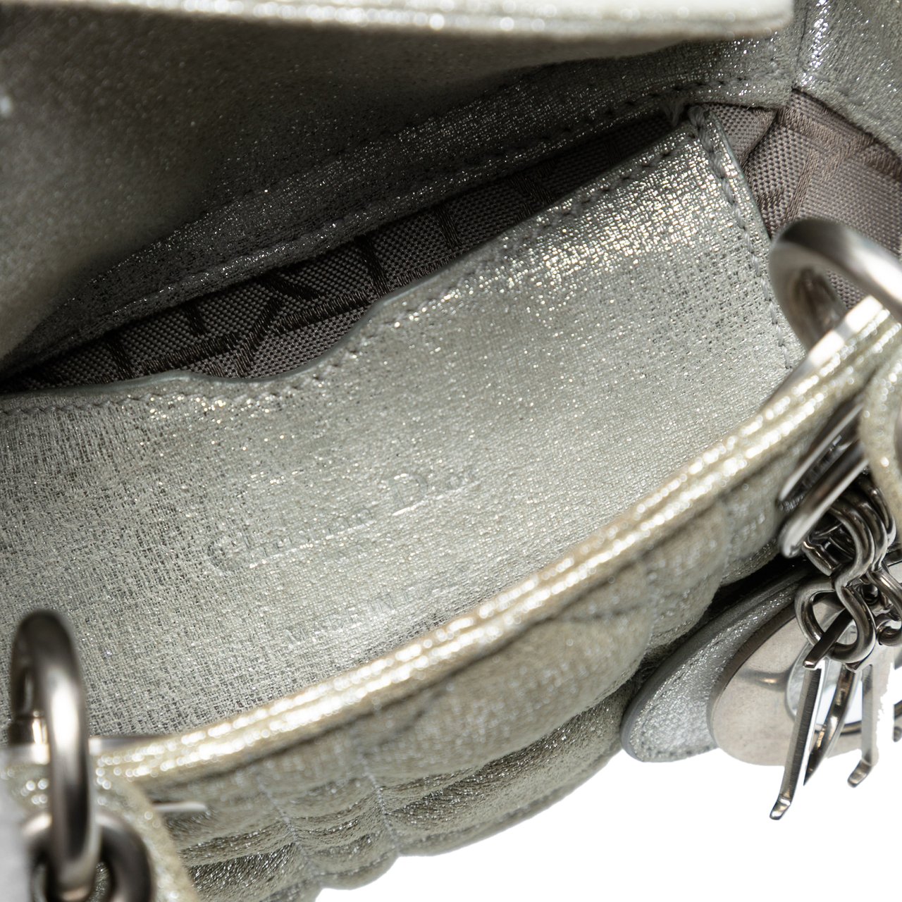 Dior Micro Metallic Calfskin Cannage Lady Dior Zilver