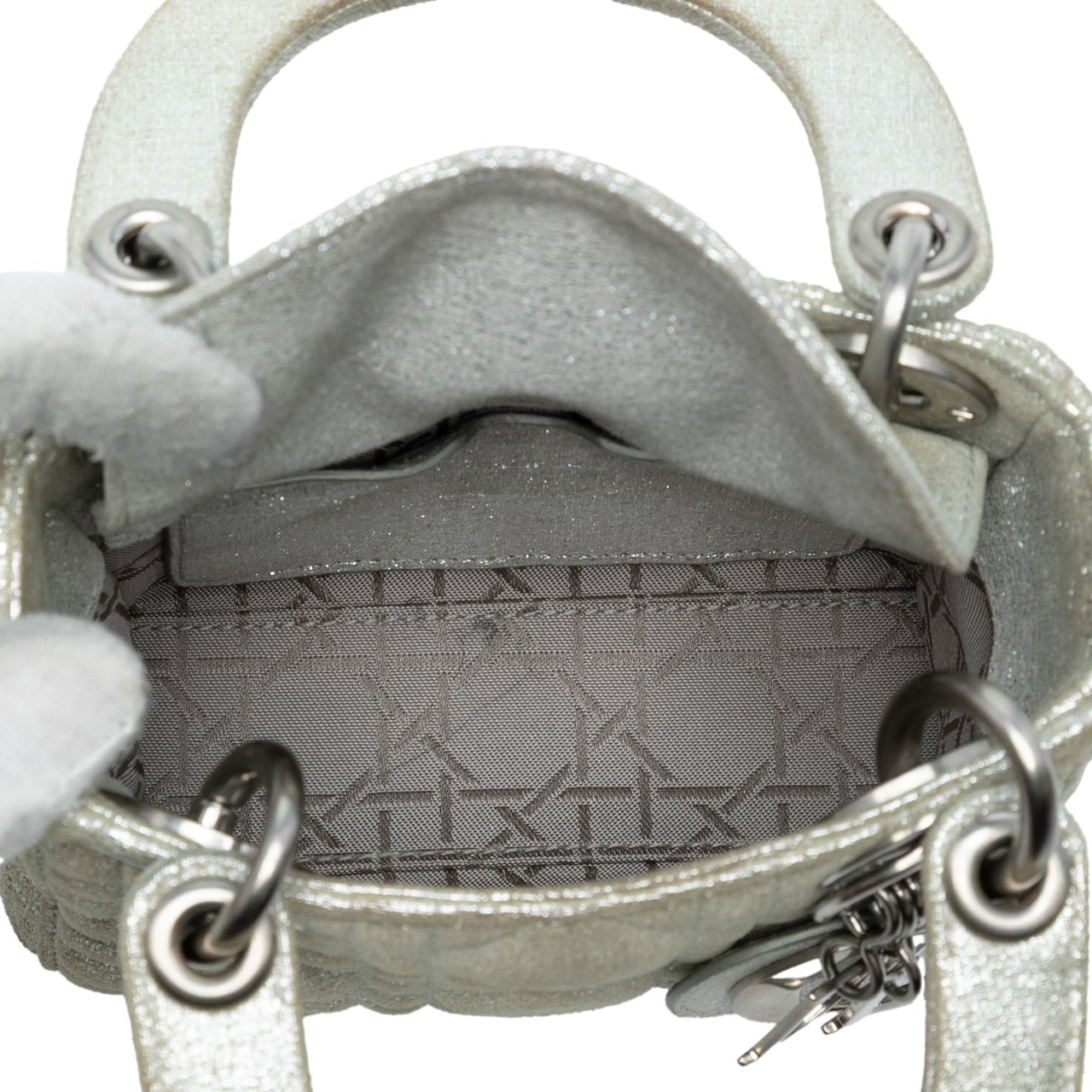 Dior Micro Metallic Calfskin Cannage Lady Dior Zilver