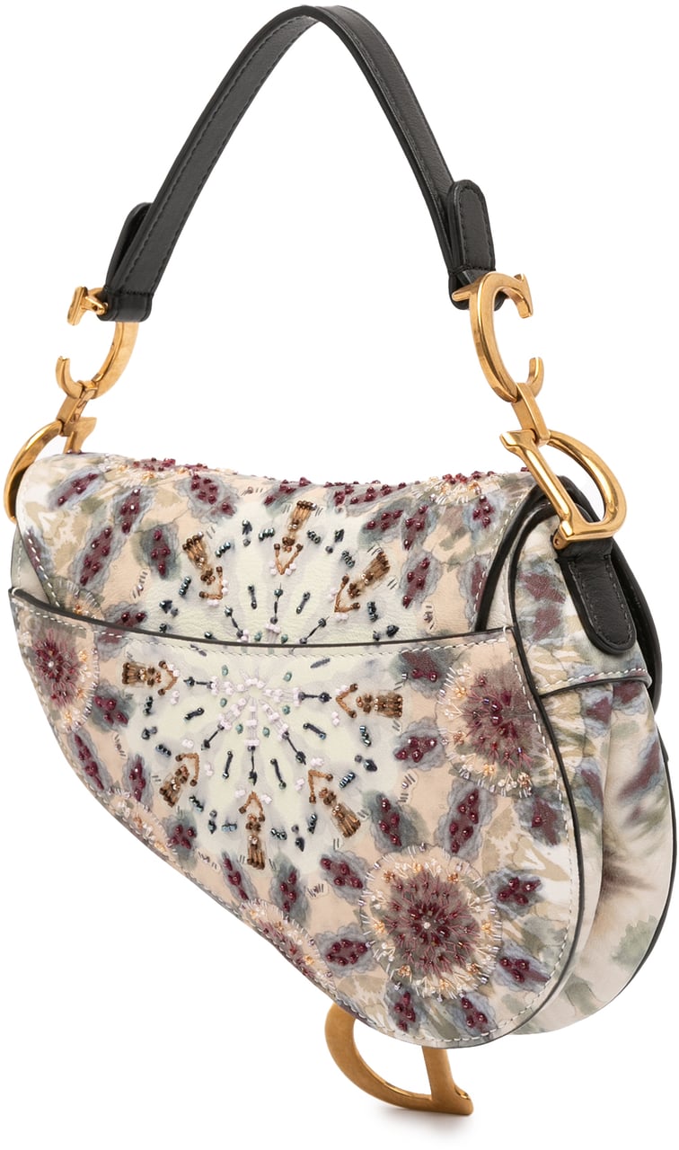 Dior Mini Calfskin Kaleidiorscopic Embroidered Saddle Bag Bruin